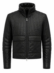 Men's Black Quilted Design Leather Jacket Front 