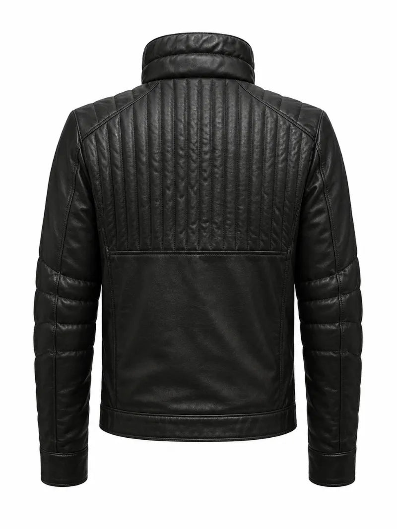 Men's Black Quilted Design Leather Jacket Back 