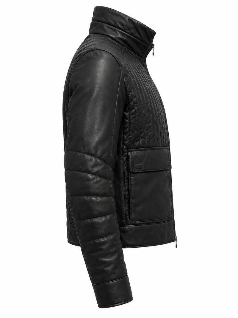 Men's Black Quilted Design Leather Jacket Right 