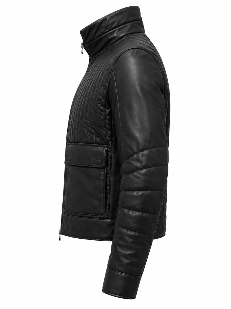 Men's Black Quilted Design Leather Jacket Left 