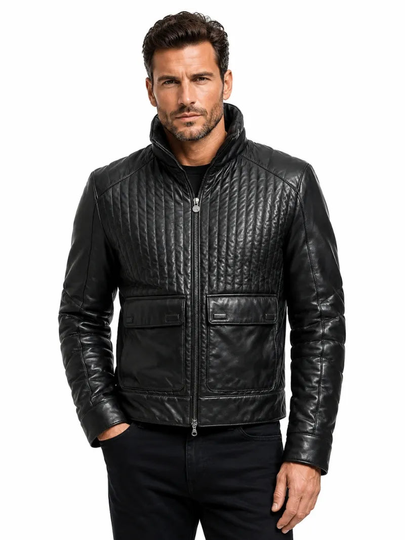 Men's Black Quilted Design Leather Jacket Full