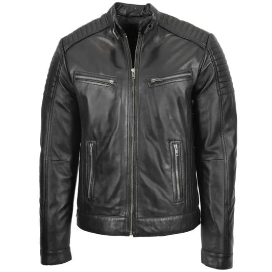 Men's Black Quilted Genuine Leather Biker Jacket