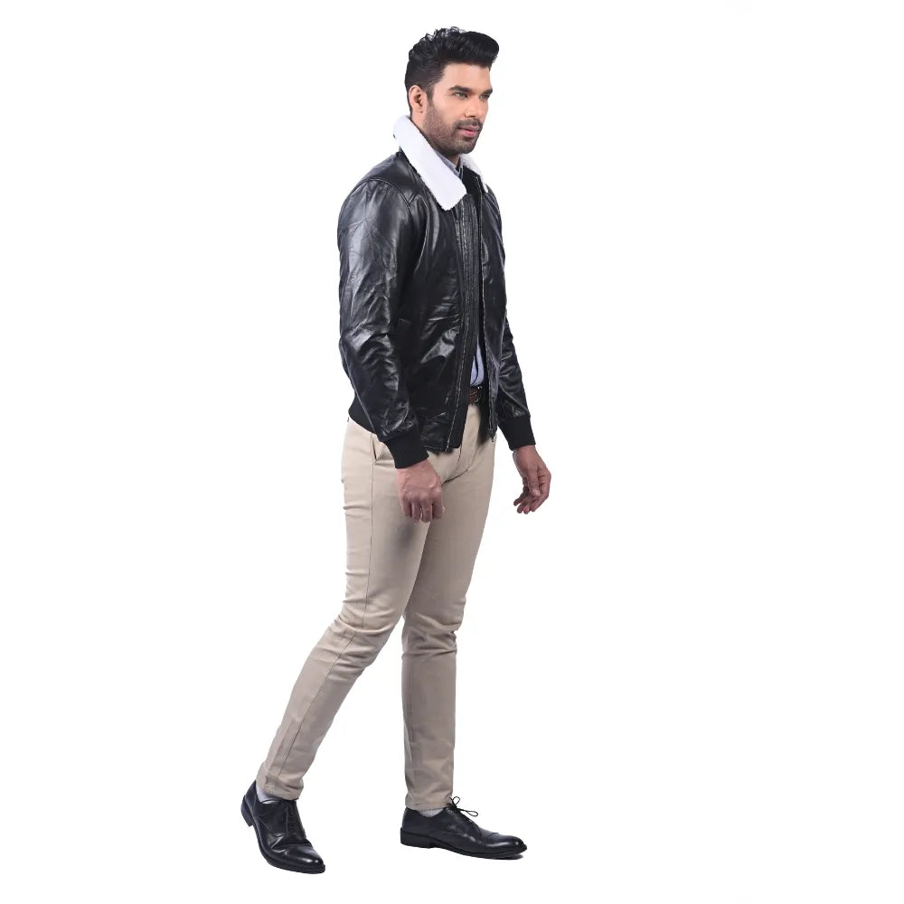 Men’s Black Real Leather Shearling Collar Jacket