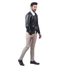 Men’s Black Real Leather Shearling Collar Jacket