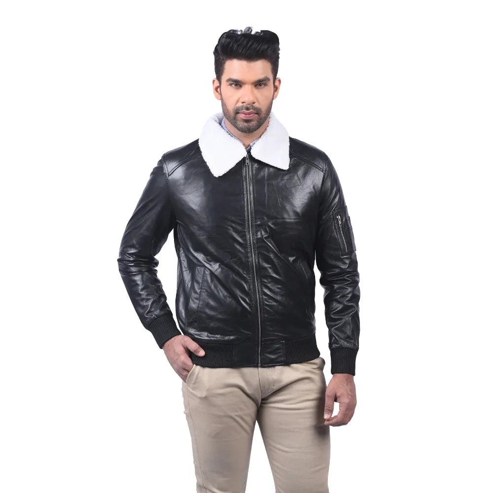 Men’s Black Real Leather Shearling Collar Jacket