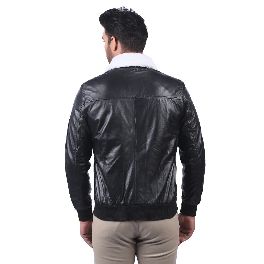 Men’s Black Real Leather Shearling Collar Jacket