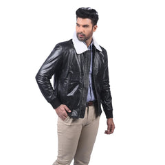 Men’s Black Real Leather Shearling Collar Jacket