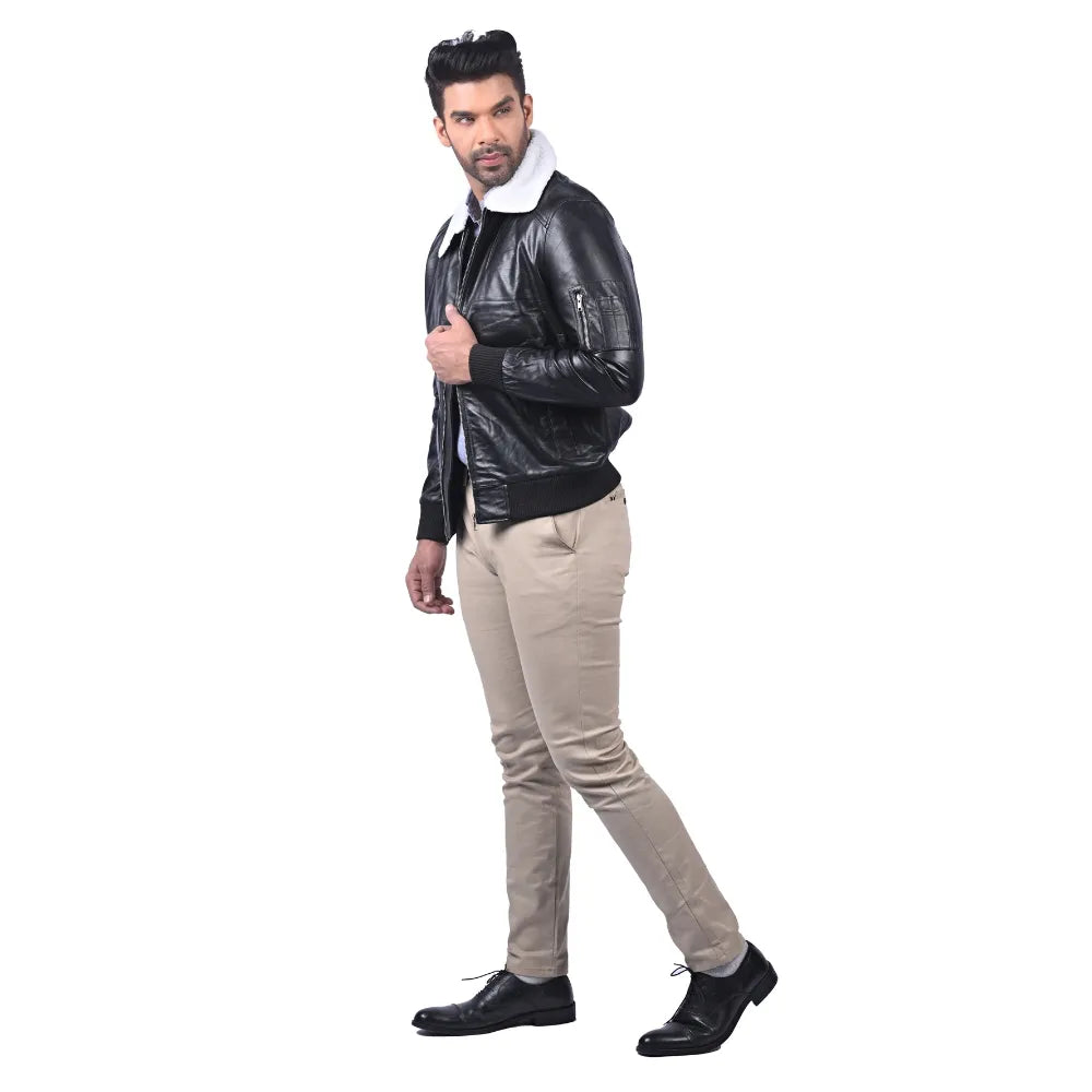 Men’s Black Real Leather Shearling Collar Jacket