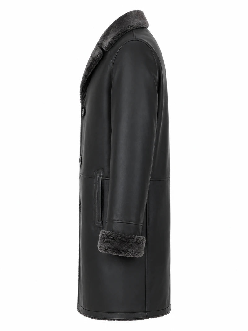 Men’s Black Shearling-Lined Leather Coat Left 
