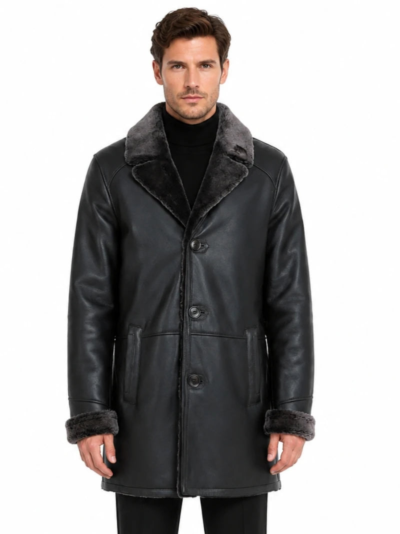 Men’s Black Shearling-Lined Leather Coat Full
