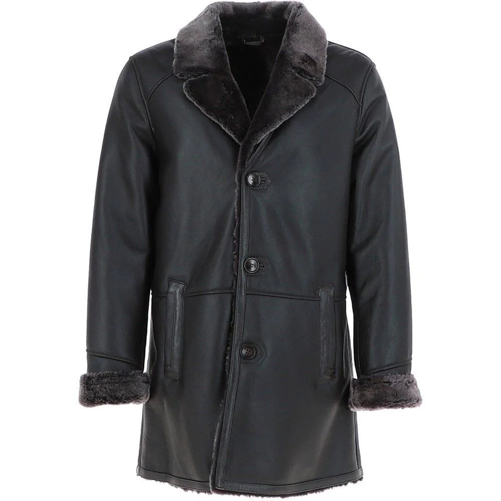 Men’s Black Shearling-Lined Leather Coat