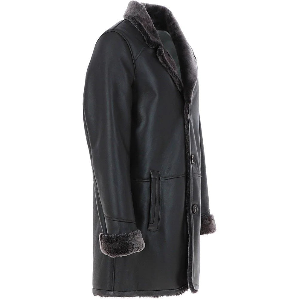 Men’s Black Shearling-Lined Leather Coat
