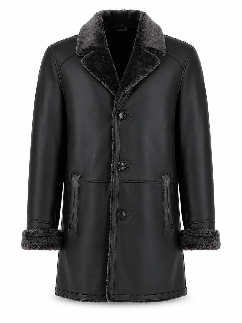 Men’s Black Shearling-Lined Leather Coat Front 