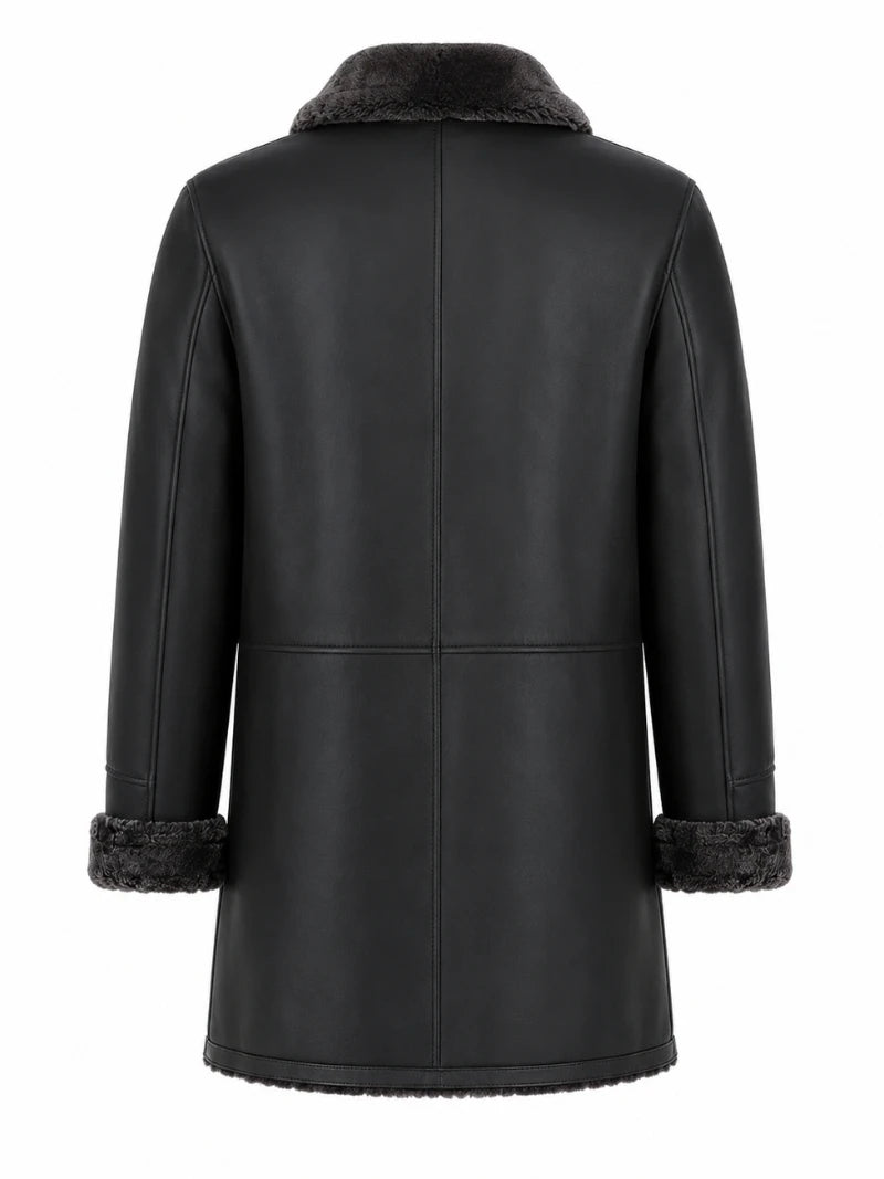 Men’s Black Shearling-Lined Leather Coat Back 