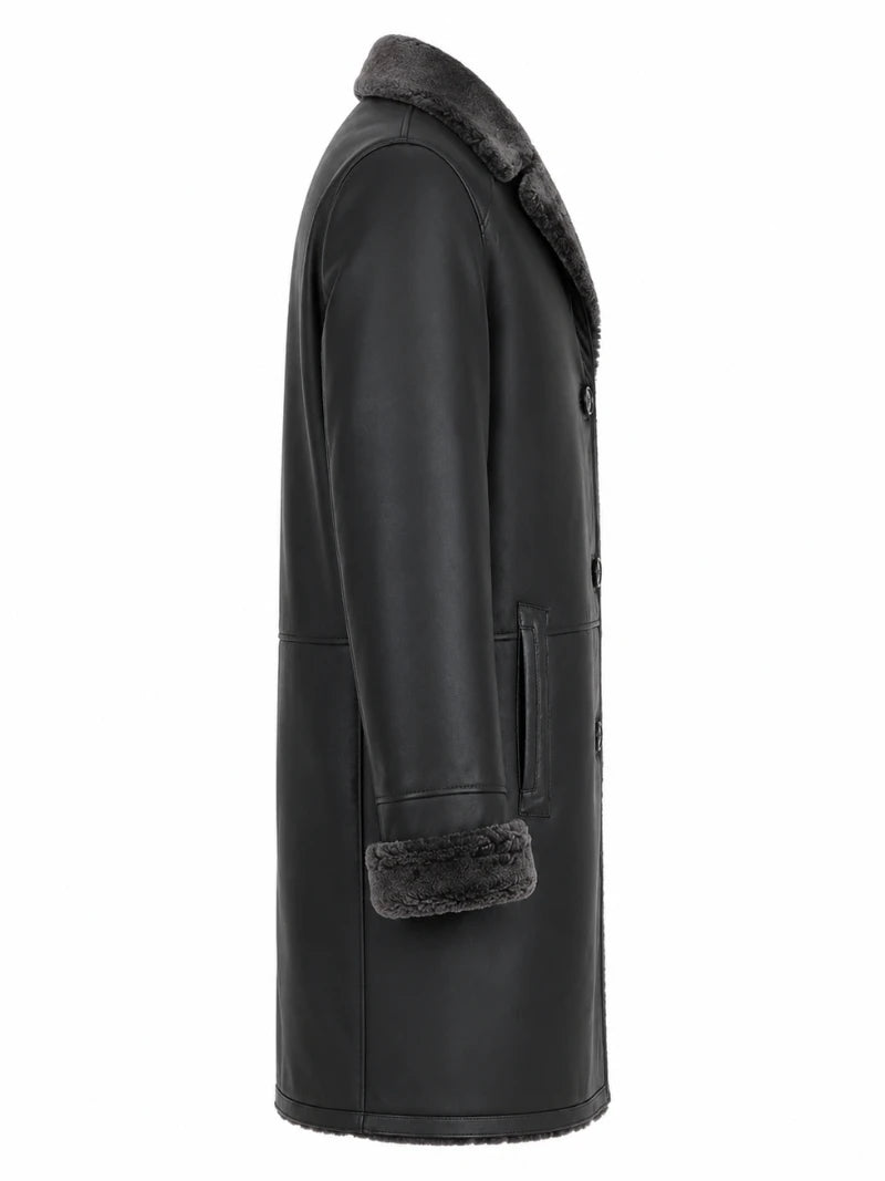 Men’s Black Shearling-Lined Leather Coat Right 