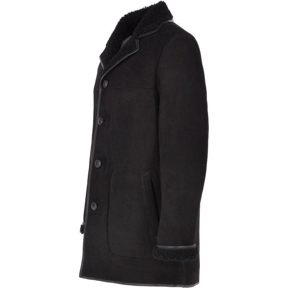 Men’s Black Shearling-Lined Suede Leather Coat