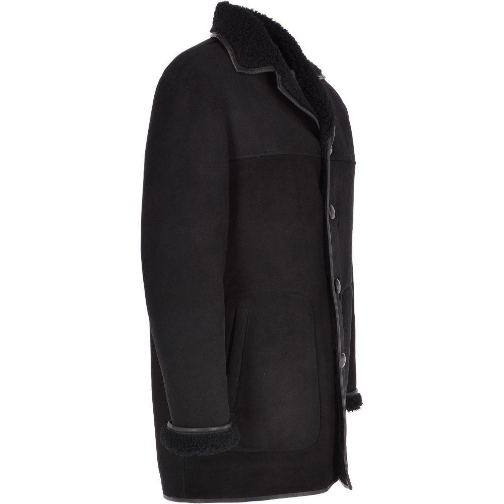 Men’s Black Shearling-Lined Suede Leather Coat