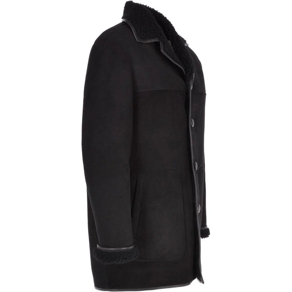 Men’s Black Shearling-Lined Suede Leather Coat