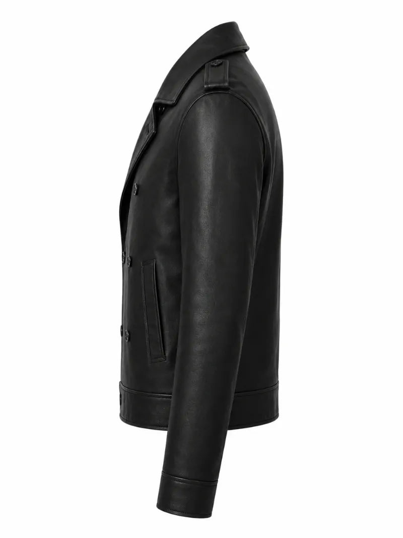 Men’s Black Simple Cowhide Leather Jacket Left 
