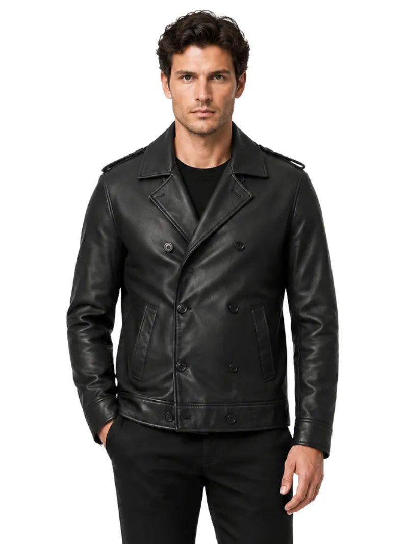 Men’s Black Simple Cowhide Leather Jacket Full