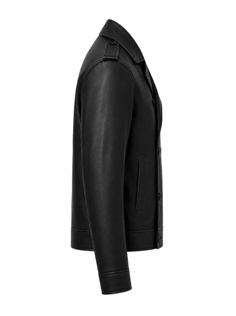 Men’s Black Simple Cowhide Leather Jacket Right