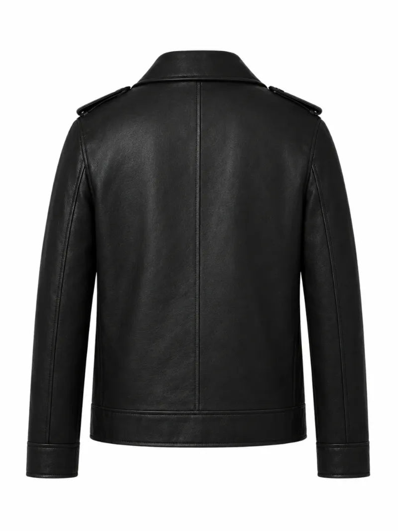 Men’s Black Simple Cowhide Leather Jacket Back