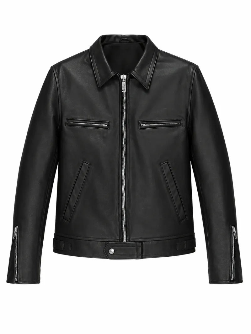Men’s Black Slim Fit Leather Jacket Front 