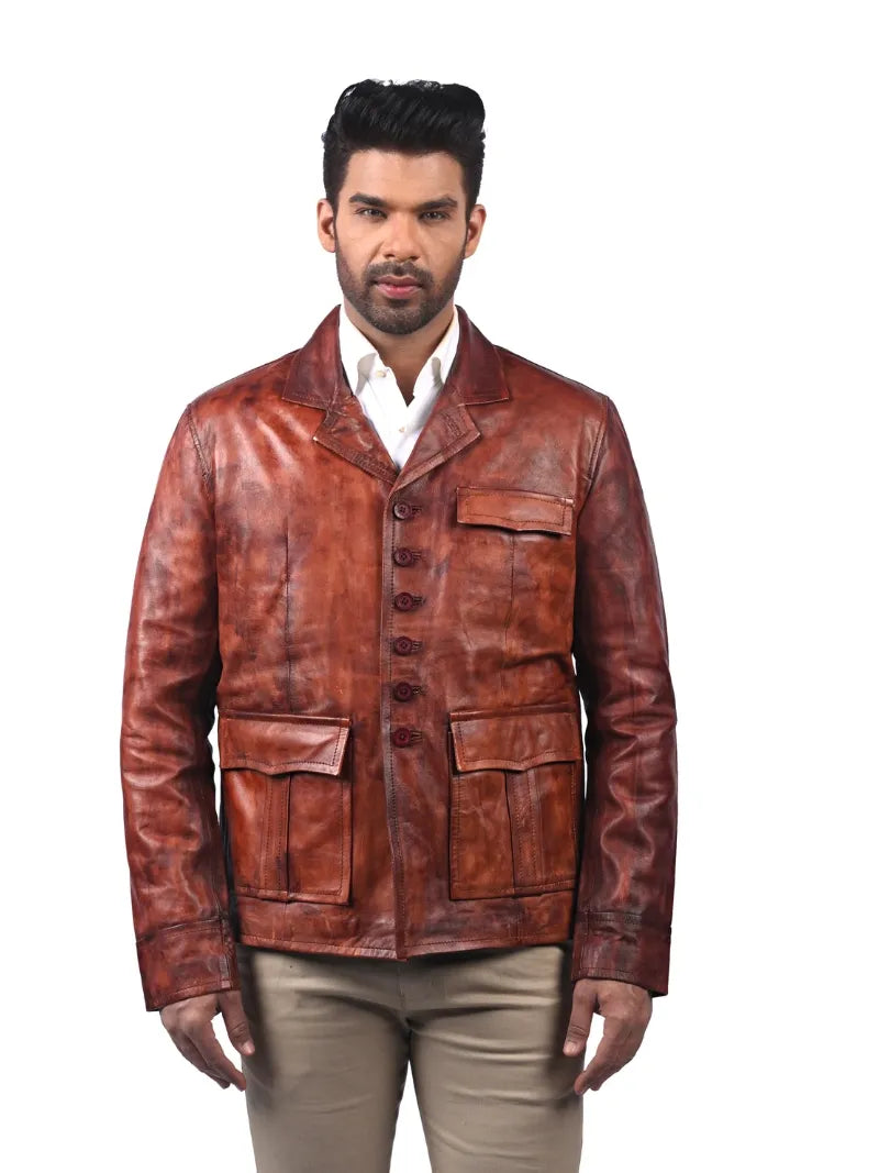 Men's Brown Classic Leather Jacket Front 