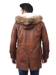Men’s Brown Leather Coat with Fur Hood Back