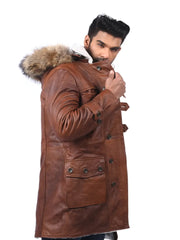 Men’s Brown Leather Coat with Fur Hood Right