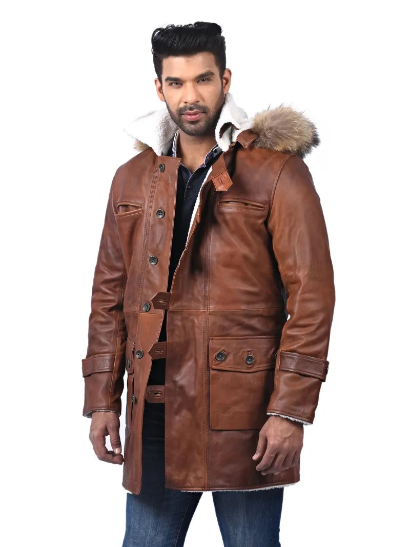 Men’s Brown Leather Coat with Fur Hood Left 