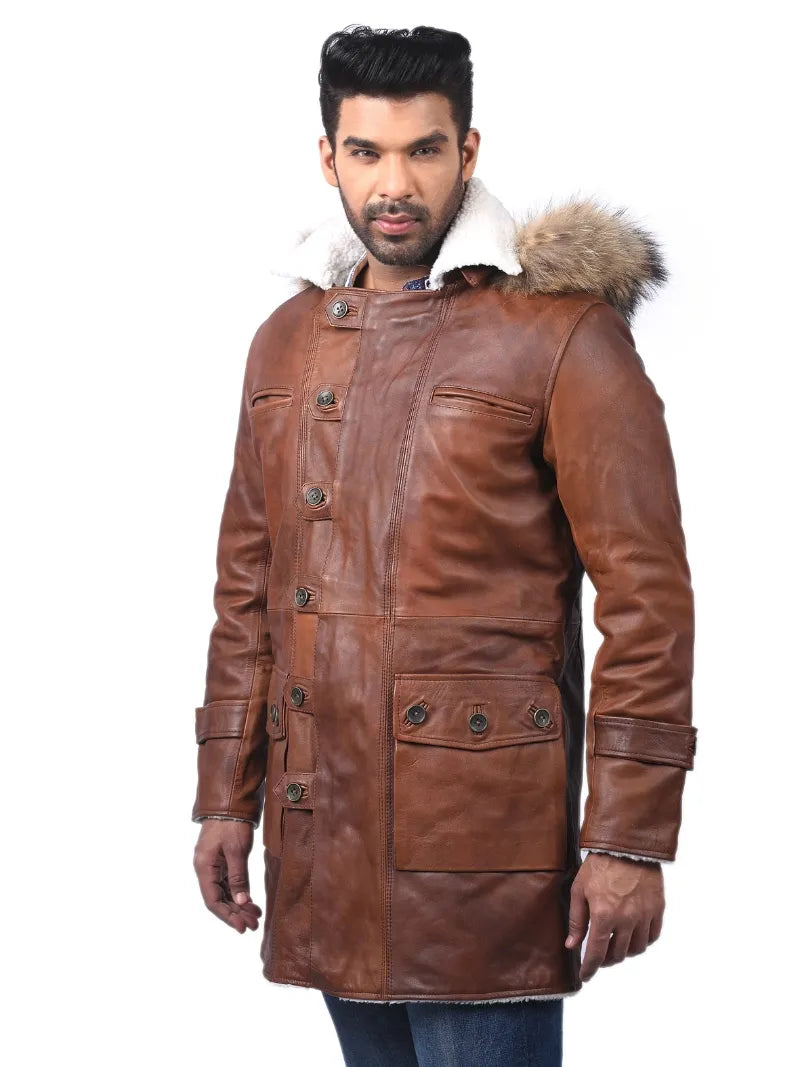 Men’s Brown Leather Coat with Fur Hood Left 