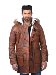 Men’s Brown Leather Coat with Fur Hood Front 
