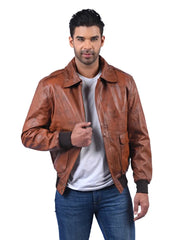Men’s Brown Leather Jacket with Flap Pockets Front 