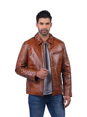 Men’s Brown Leather Jacket with Zip Chest Pocket Front 
