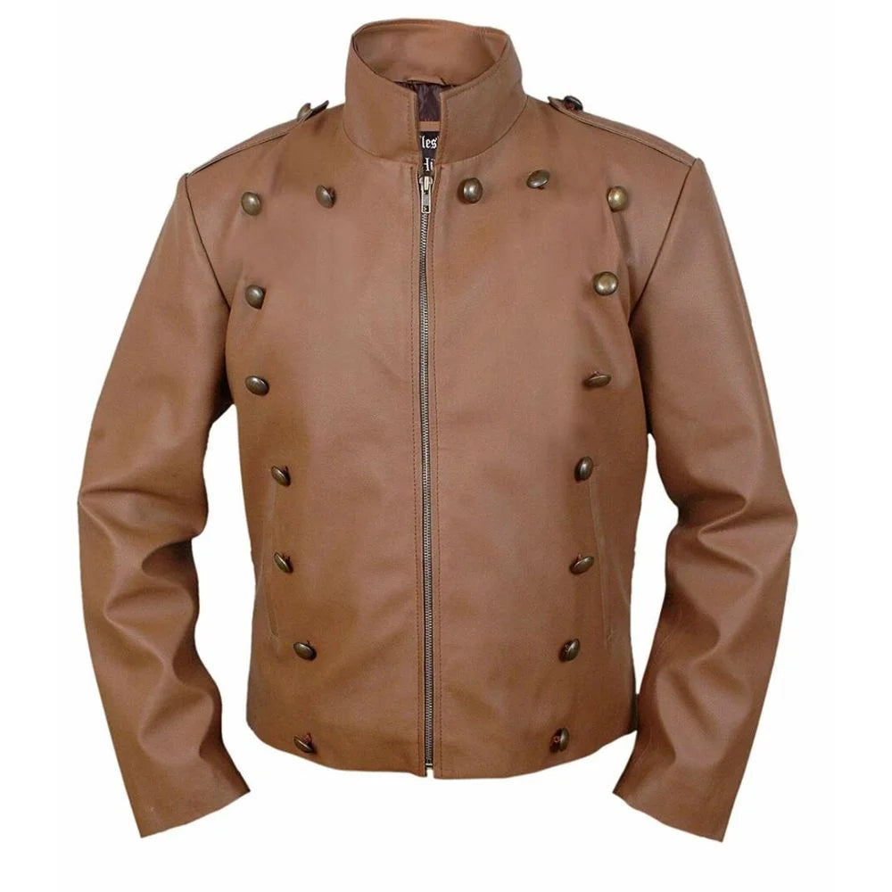 Men's Brown Leather Jacket with Epaulets