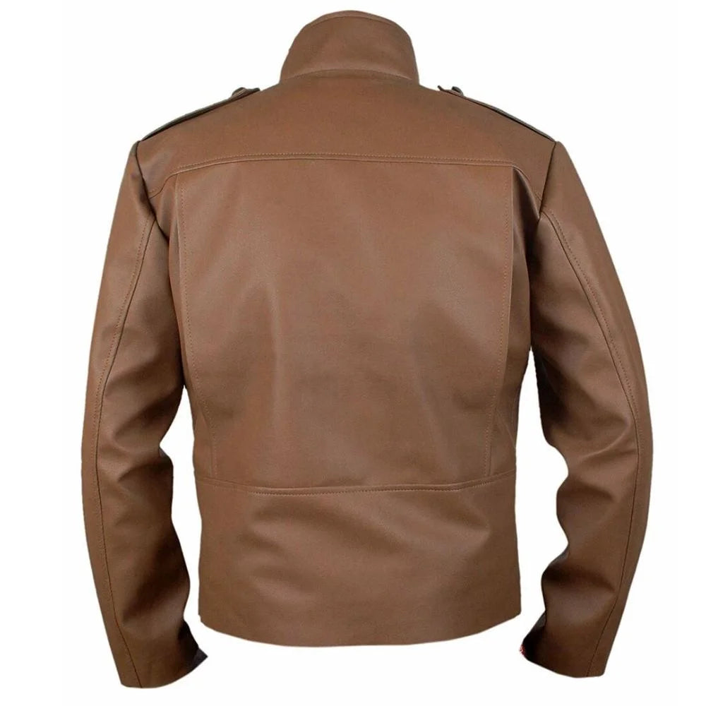 Men's Brown Leather Jacket with Epaulets