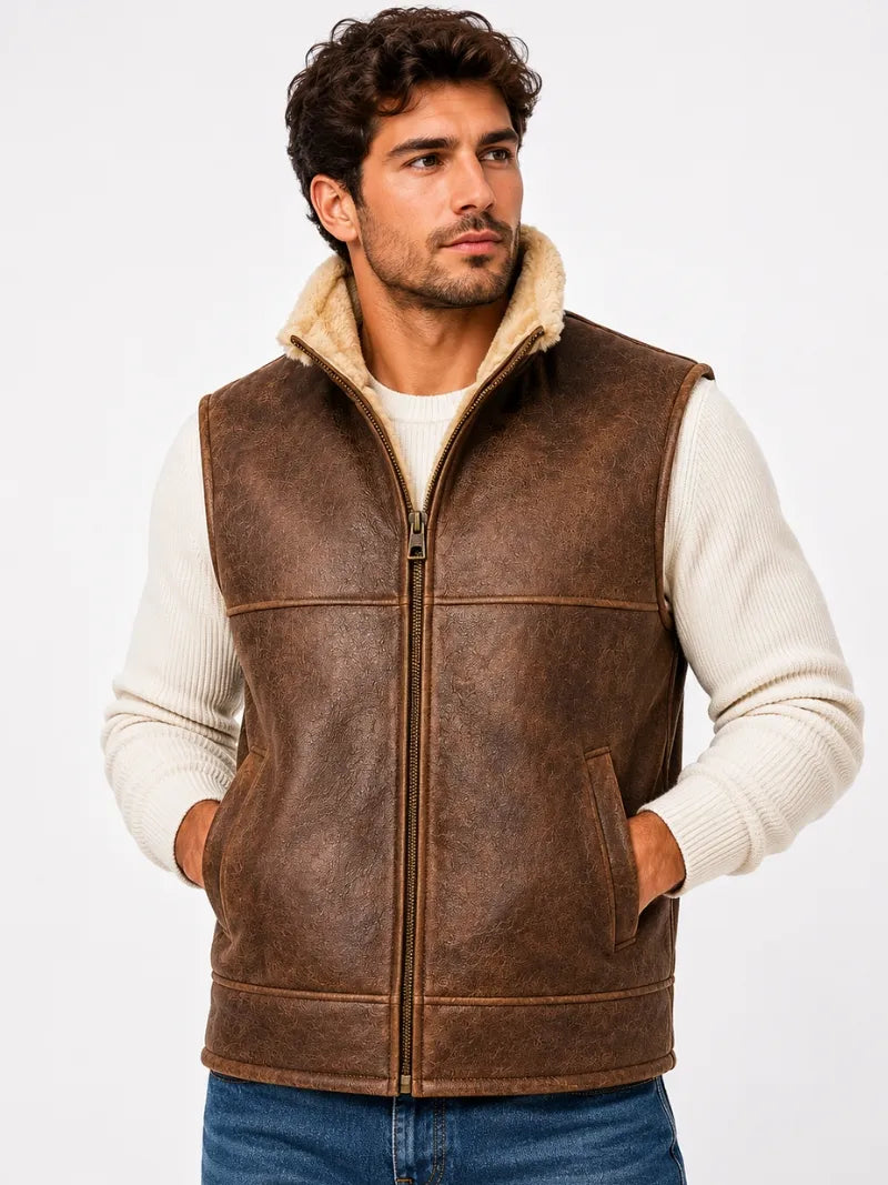 Men's Brown Leather Shearling Vest