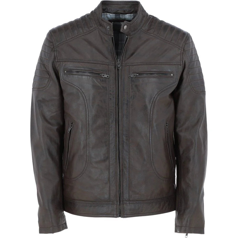 Men's Brown Quilted Shoulders Leather Jacket