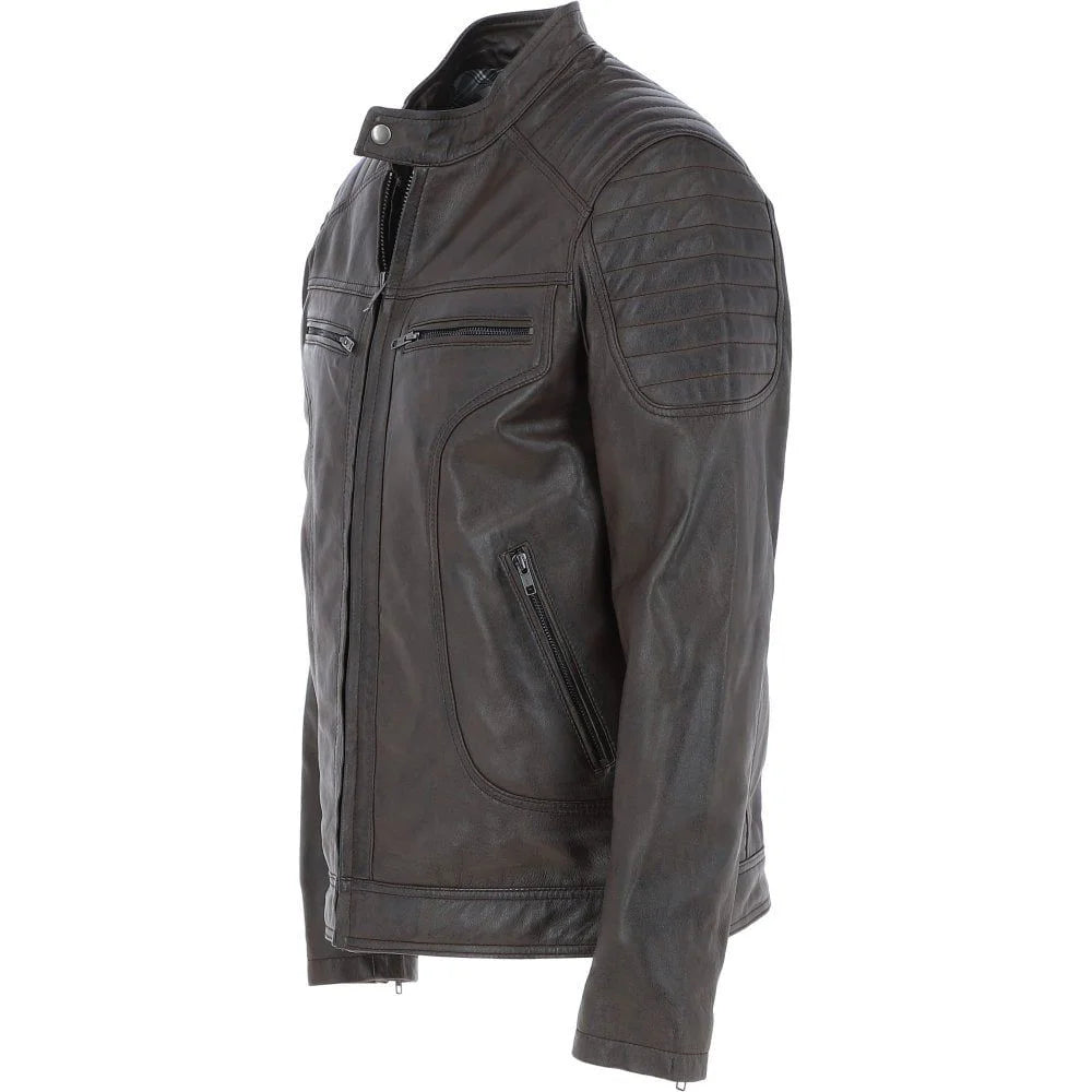 Men's Brown Quilted Shoulders Leather Jacket