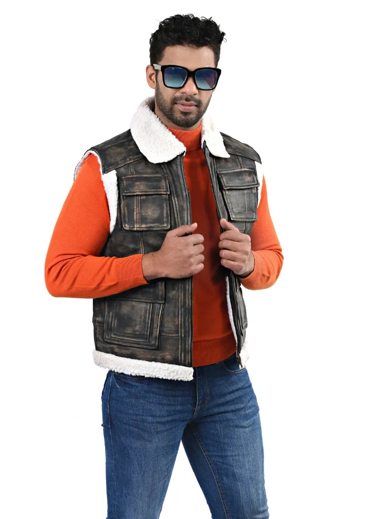 Men’s Brown Shearling Leather Vest Right