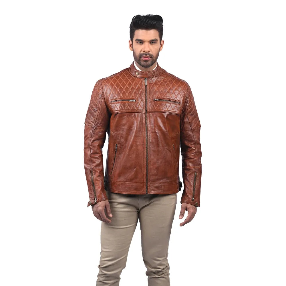 Men's brown sheepskin leather coat, front view