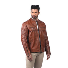 Men's brown sheepskin leather coat, side view
