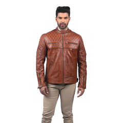 Men's brown sheepskin leather coat, front view