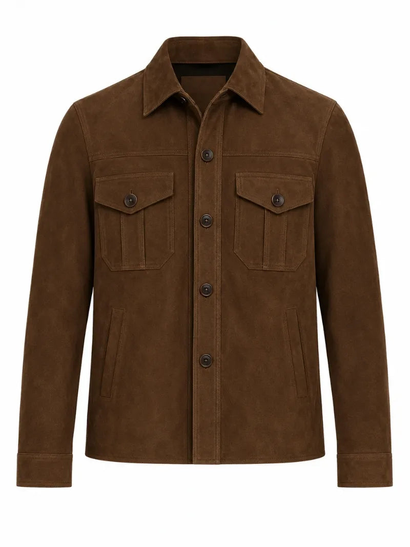 Men’s Brown Suede Leather Shirt Jacket Front 