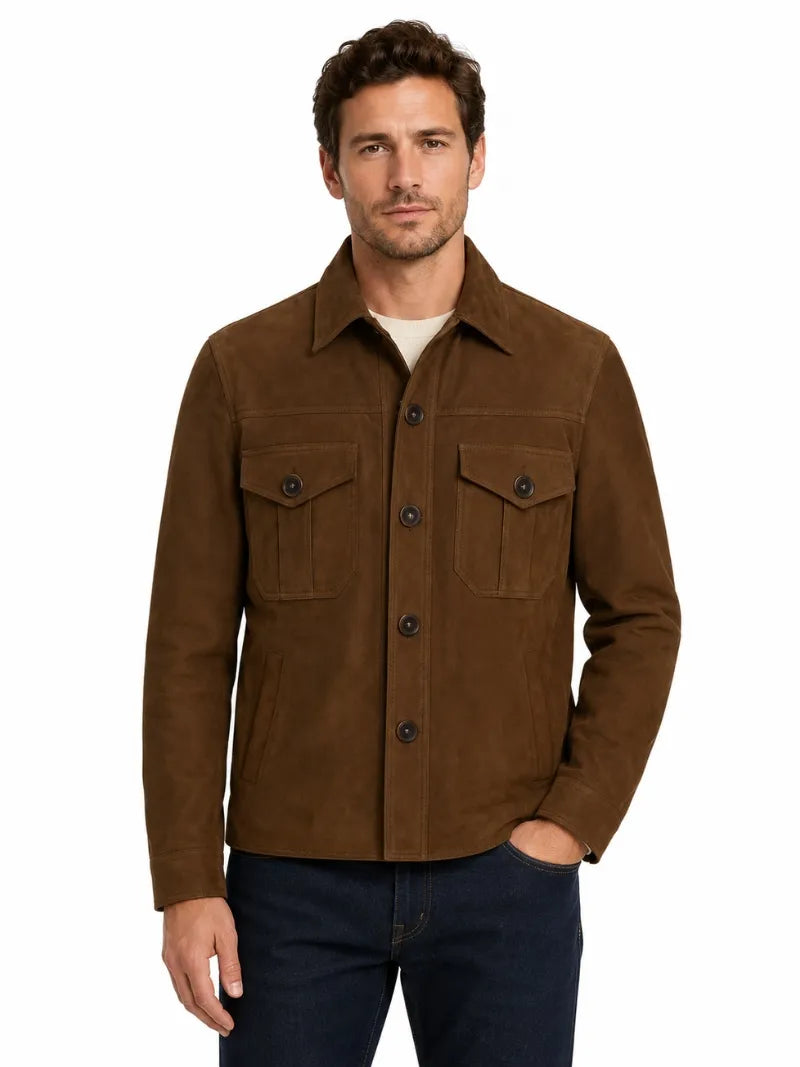 Men’s Brown Suede Leather Shirt Jacket Full