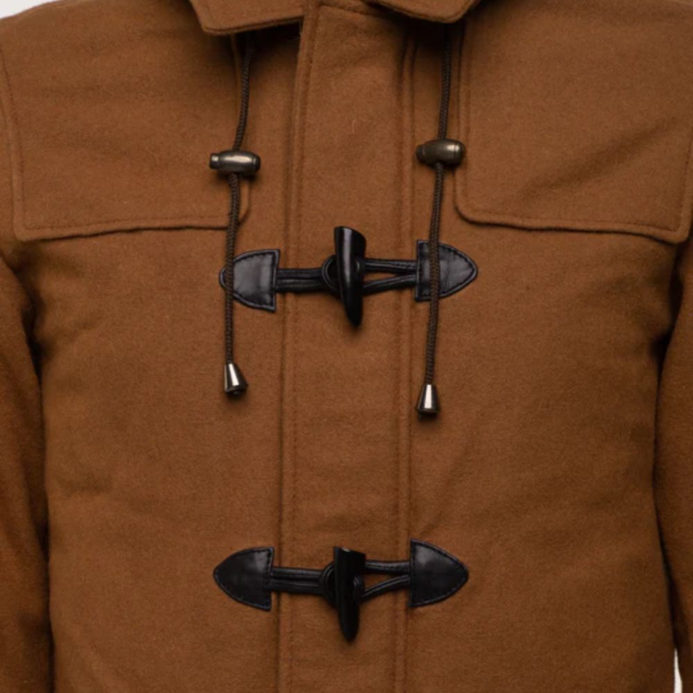 Men's Brown Wool Toggle Long Coat With Hood