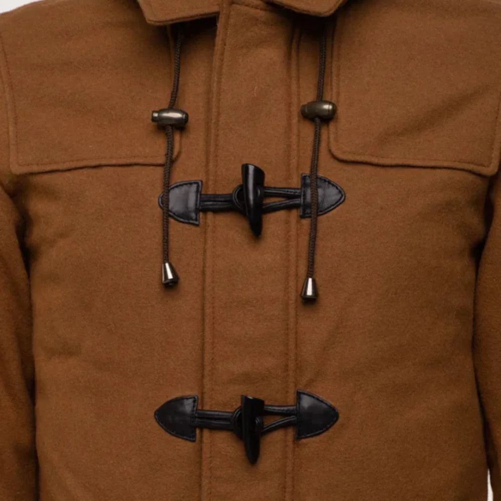 Men's Brown Wool Toggle Long Coat With Hood