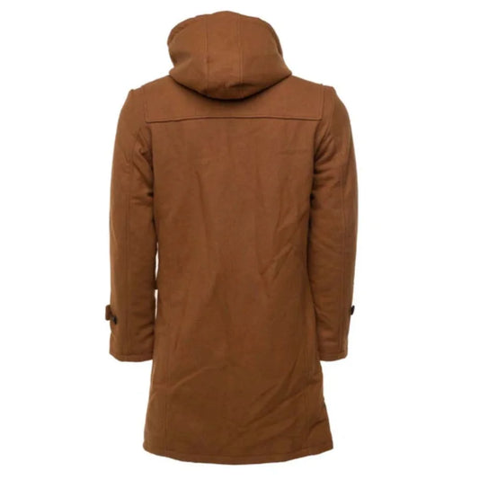 Men's Brown Wool Toggle Long Coat With Hood