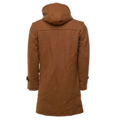 Men's Brown Wool Toggle Long Coat With Hood